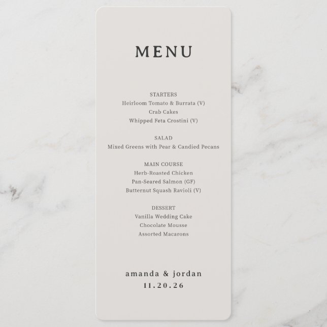 Elegant Beige Minimalist Wedding Menu (Front)
