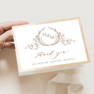Elegant Beige Monogram, Watercolor Wedding Thank You Card