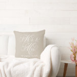 Elegant Beige Mr and Mrs Script Wedding Cushion<br><div class="desc">An elegant beige throw pillow featuring Mr. and Mrs. in flowing white calligraphy script with a customisable family name. The white-on-beige design creates a timeless wedding gift or neutral newlywed home accent that suits any decor. All text is fully editable to personalise with the couple's name.</div>