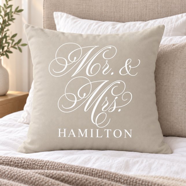 Elegant Beige Mr and Mrs Script Wedding Cushion (Creator Uploaded)
