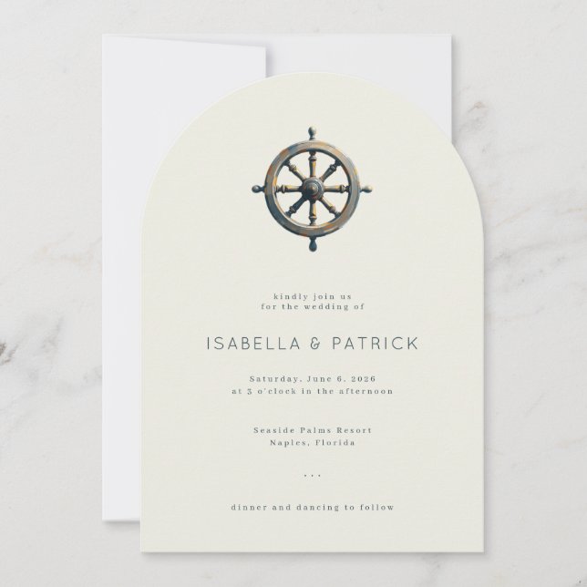 Elegant Beige Nautical Ship Wheel Invitation (Front)
