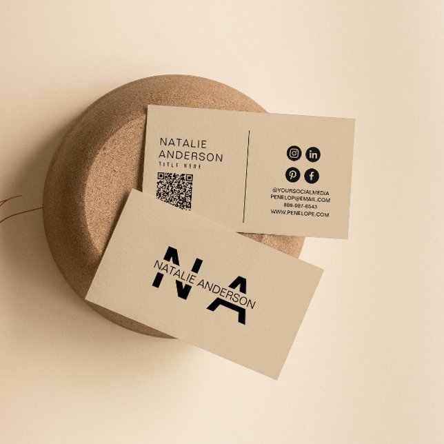 Elegant Beige Neutral QR Code Monogram Logo Boho Business Card (Creator Uploaded)