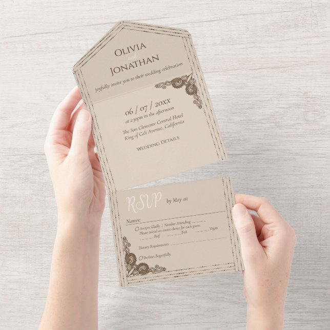 Elegant Beige Ornate All in One Wedding Invitation (Tearaway)