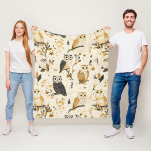 Elegant Beige Owl Wildlife Botanical Pattern Fleece Blanket