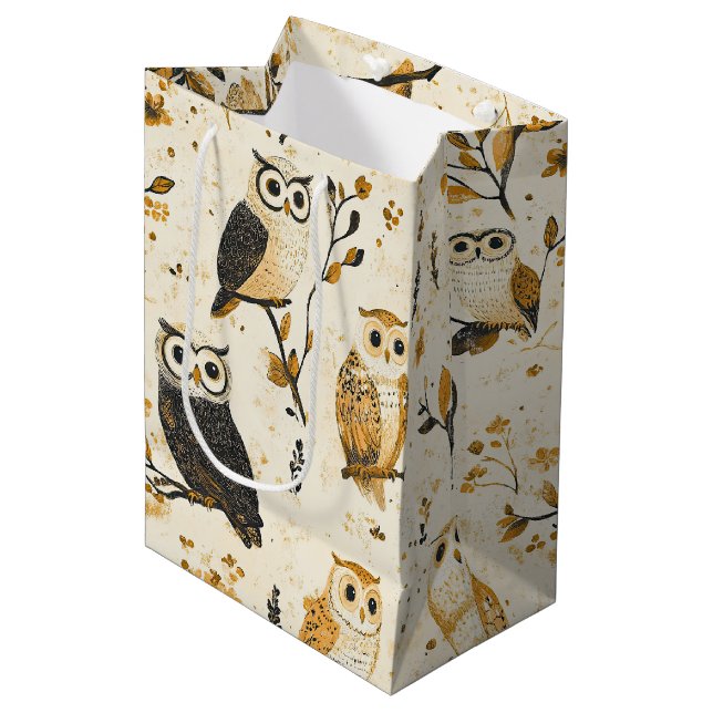 Elegant Beige Owl Wildlife Botanical Pattern Medium Gift Bag (Front Angled)