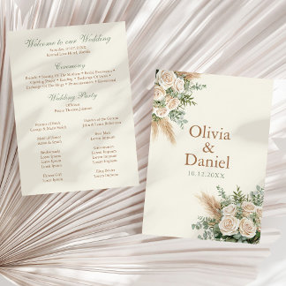 Elegant Beige Pampas & Rose Wedding Program Programme