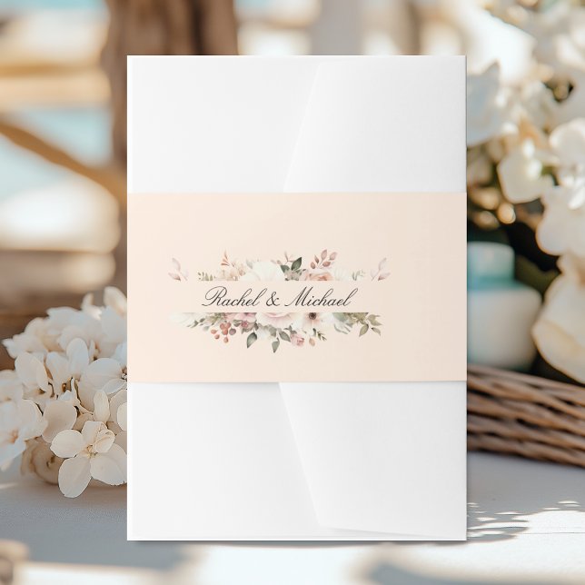 Elegant, beige-peach, pastel, flower bouquet invitation belly band (Elegant, white, pastel, flower bouquet invitation belly band with your name.)