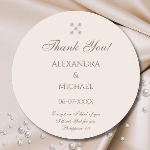 Elegant Beige Pearl Christian Wedding Thank You Classic Round Sticker