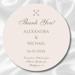 Elegant Beige Pearl Christian Wedding Thank You Classic Round Sticker
