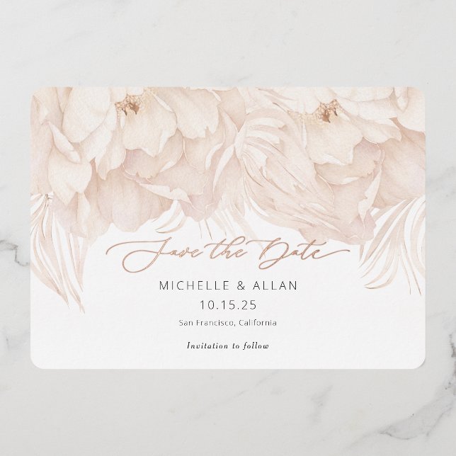 Elegant beige peony wedding save the date cards (Front)