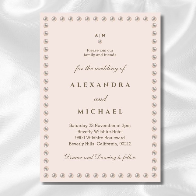 Elegant Beige Pink Monogram Pearl Wedding In Invitation (Creator Uploaded)