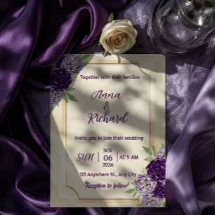 Elegant Beige & Purple Floral Wedding Invitation 