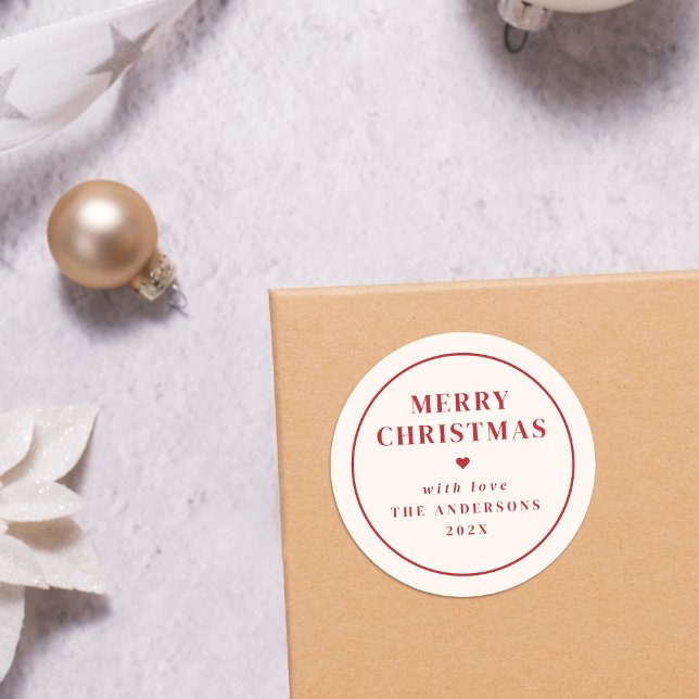 Elegant Beige & Red Typography Merry Christmas Classic Round Sticker (Creator Uploaded)