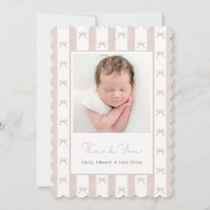 Elegant Beige Ribbon Bow Baby Shower Photo Thank You Card