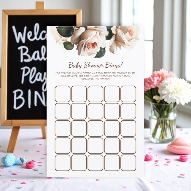 Elegant Beige Rose Girl Baby Shower Game Bingo (Girl Baby Shower Game Bingo)