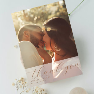 Elegant Beige Script Photo Overlay Wedding Thank You Card