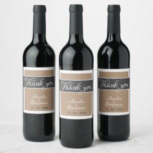 Elegant Beige Script Wedding Thank you Wine Label
