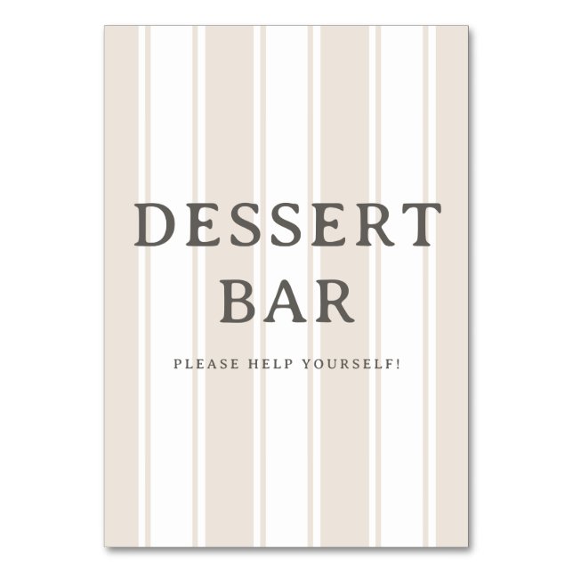 Elegant Beige Striped Dessert Bar Sign Table Number (Front)