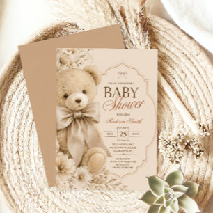 Elegant Beige Teddy Bear Baby Shower Invitation