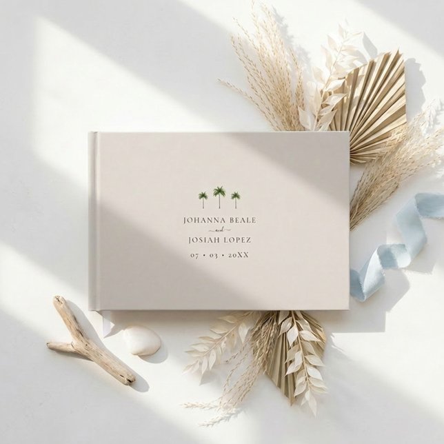 Elegant Beige Tropical Palm Tree Wedding Guest Book (Creator Uploaded)