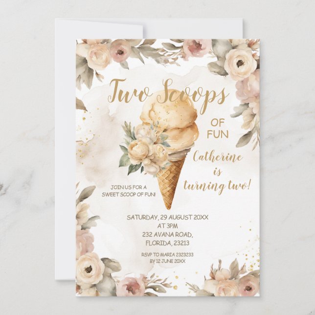 Elegant Beige Two Scoops Of Fun 2nd Birthday Party Invitation (Front)