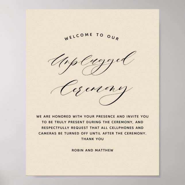 Elegant Beige Unplugged Ceremony Wedding Sign (Front)