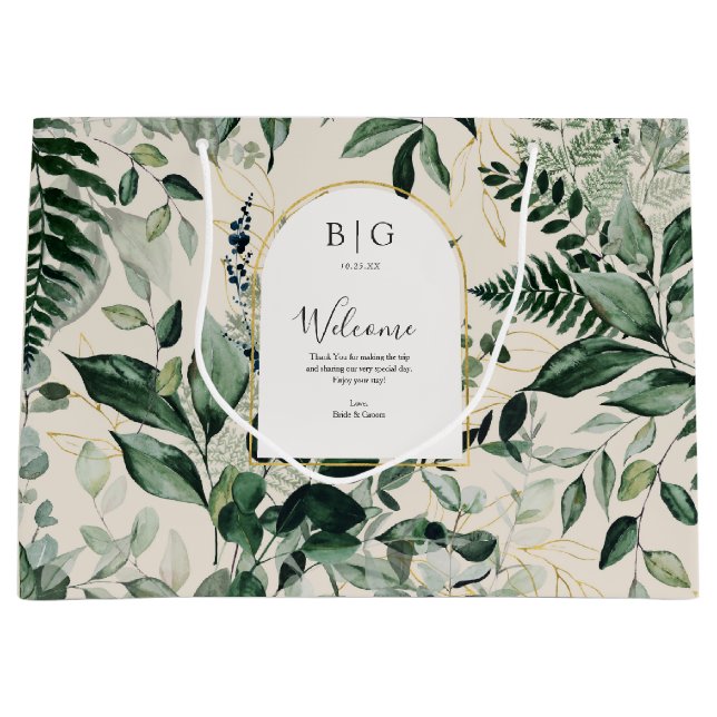 Elegant Beige watercolor Greenery wedding welcome Large Gift Bag (Front)