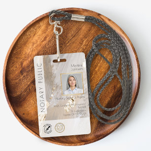 Elegant Beige Watercolor Logo QR Notary Public  ID Badge