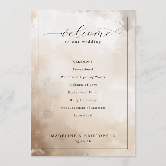 Elegant Beige Watercolor Wedding Ceremony Program Programme (Front)