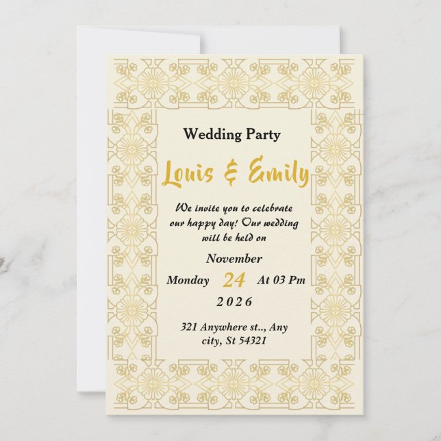 Elegant beige wedding decorated,gold floral border invitation (Front)