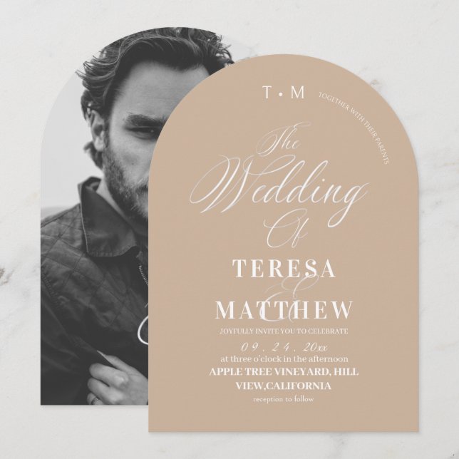 Elegant Beige & White Classic Script Wedding  Invitation (Front/Back)
