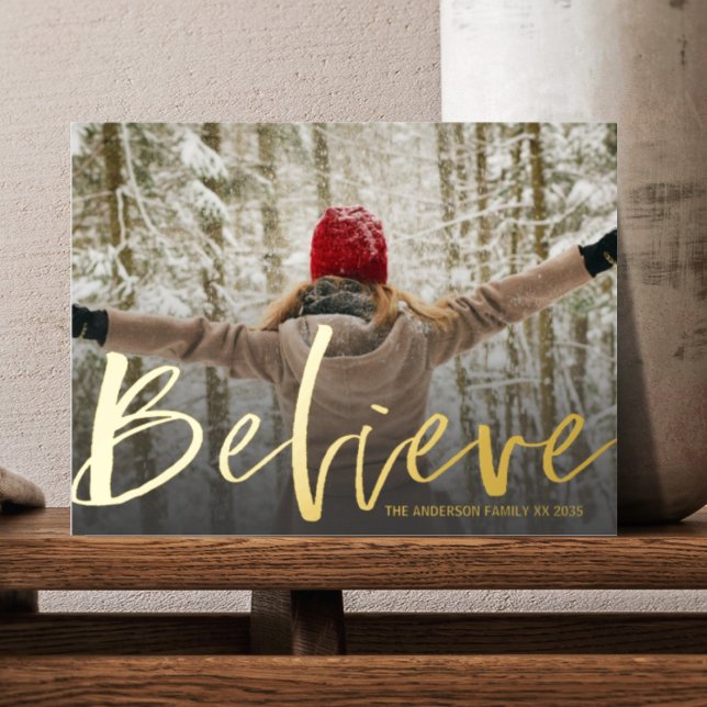 Elegant Believe Gold Script Photo Foil Holiday Postcard (Creator Uploaded)