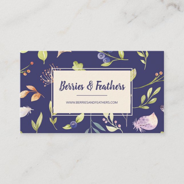 Elegant Berries & Feathers Boho Business Card (Front)