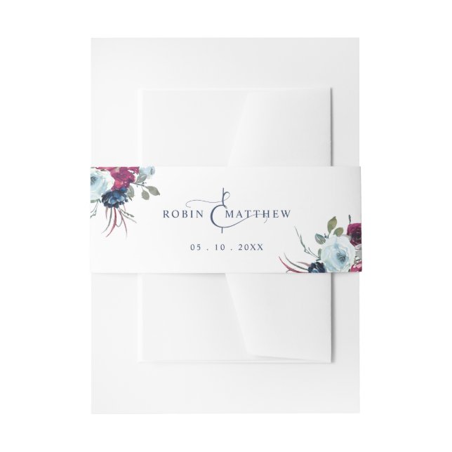 Elegant Berry, Blue and Burgundy Floral Wedding Invitation Belly Band (Front Example)