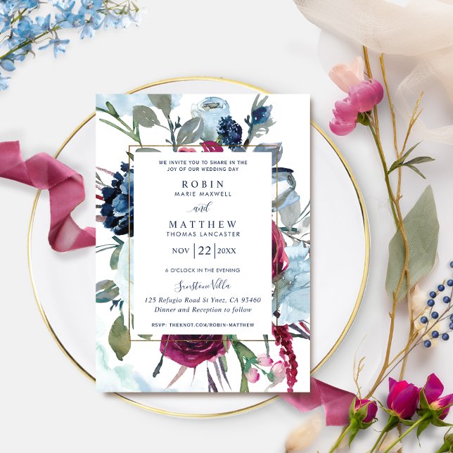 Elegant Berry Blue Burgundy Floral Wedding Invitation (Creator Uploaded)