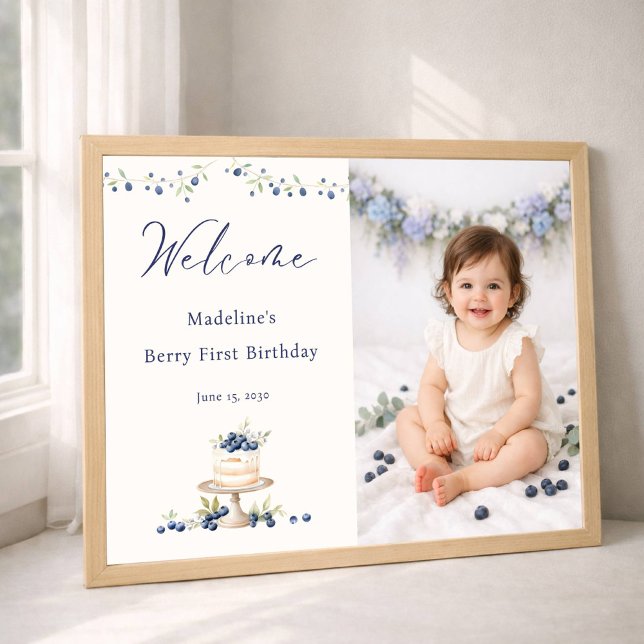 Elegant Berry First Birthday Photo Welcome Poster (Creator Uploaded)