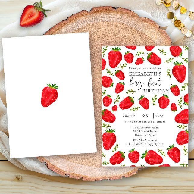 Elegant Berry First Red Strawberry 1st Birthday Invitation (Creator Uploaded)