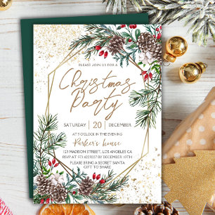 Elegant Berry Pine Geometric Gold Christmas Party Invitation