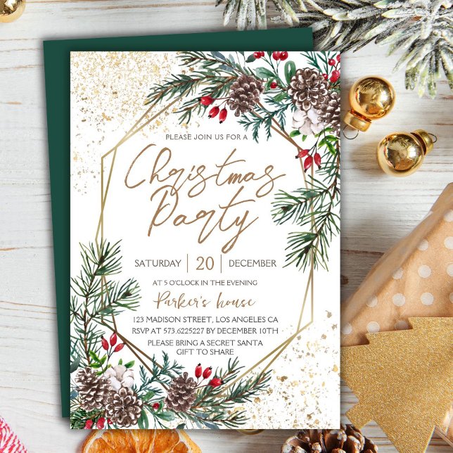 Elegant Berry Pine Geometric Gold Christmas Party Invitation (Creator Uploaded)