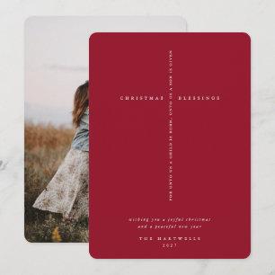 Elegant Berry Red Scripture Cross Photo Holiday Card