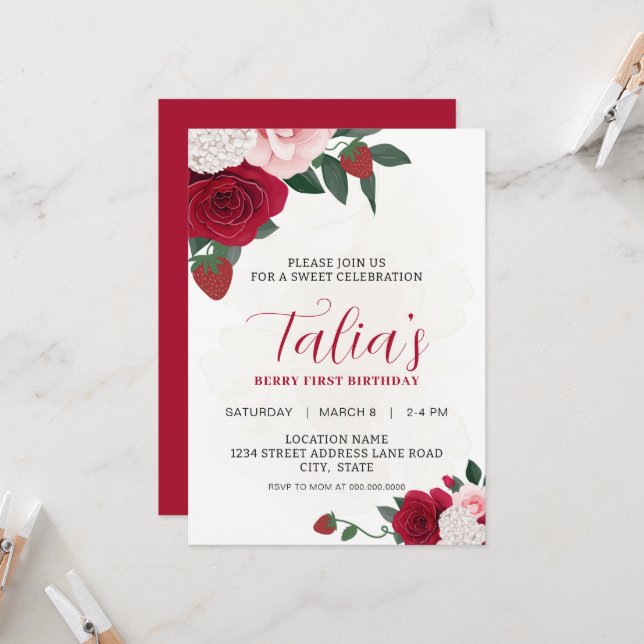Elegant Berry Roses First Birthday Party Download Invitation (Front/Back In Situ)
