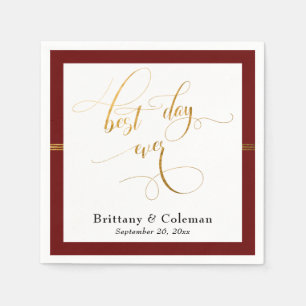 Elegant Best Day Ever Burgundy Red & Gold Stripe Napkin