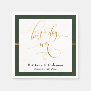 Elegant Best Day Ever Evergreen & Gold Stripe Napkin