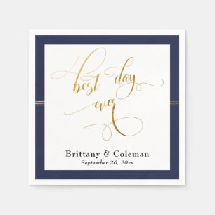 Elegant Best Day Ever Navy Blue & Gold Stripe Napkin