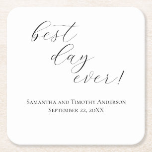 Elegant Best Day Ever Script Wedding Square Paper Coaster