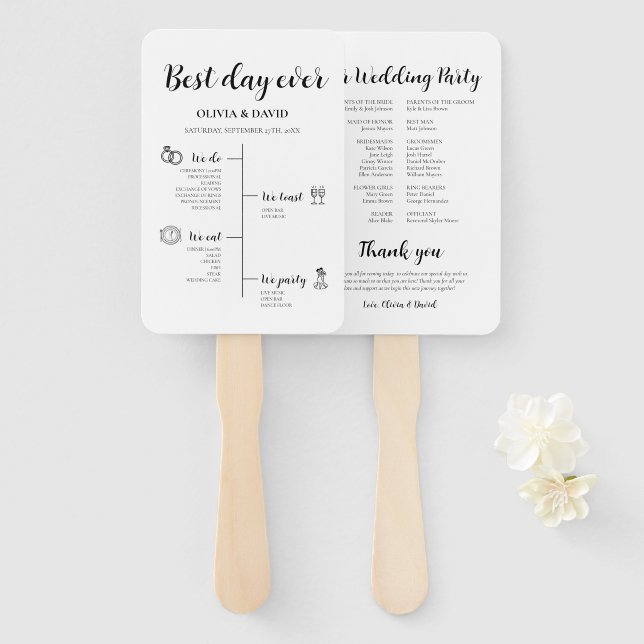 Elegant Best Day Ever Wedding Timeline Program Hand Fan (Front and Back)