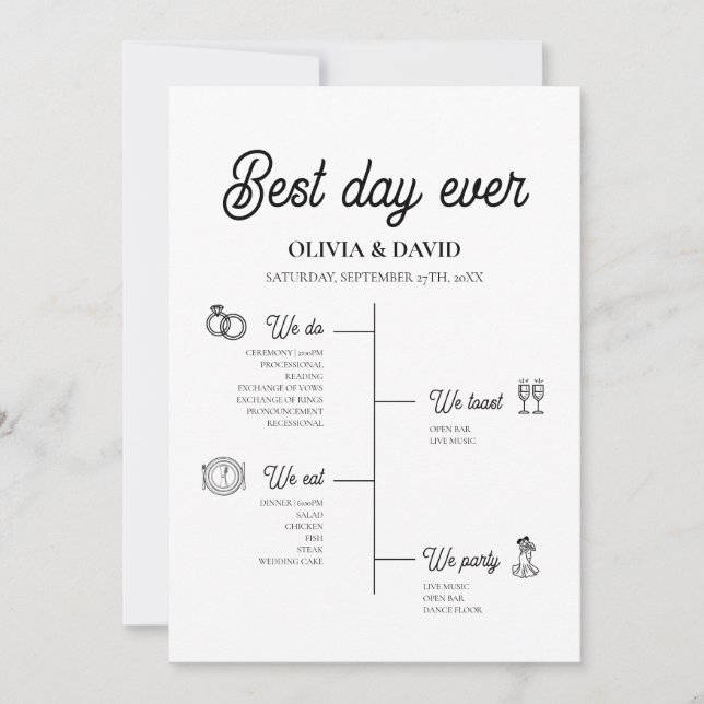 Elegant Best Day Ever Wedding Timeline Program Invitation (Front)