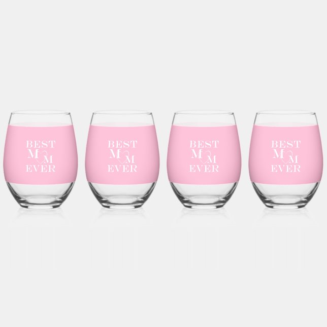 Elegant "Best Mum Ever" Cute Heart All Over Pink Stemless Wine Glass (Back)