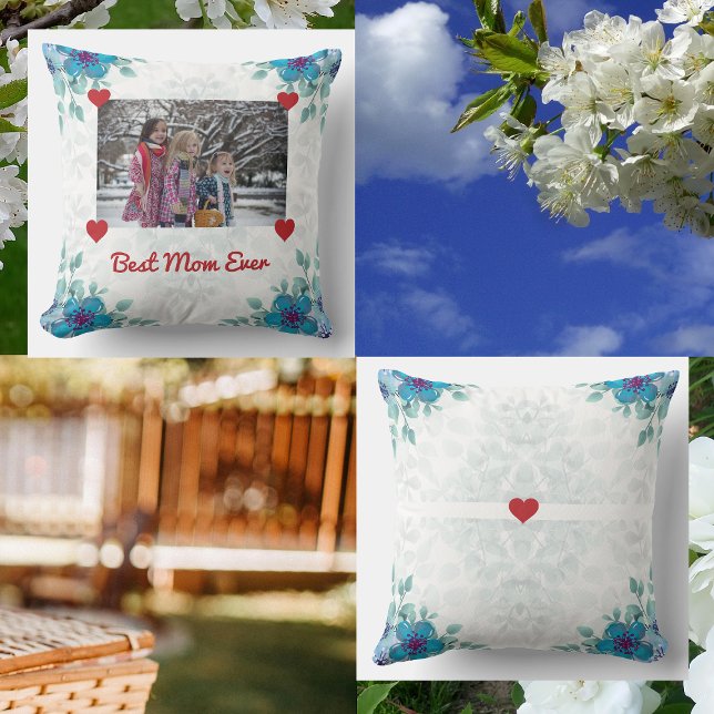 Elegant Best Mum Ever Photo Hearts Modern Script Cushion (Best Mom Ever, personalized floral pillow for Mother's Day with a photo held up by red hearts)