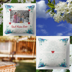 Elegant Best Nana Ever Grandma Photo Hearts Floral Cushion
